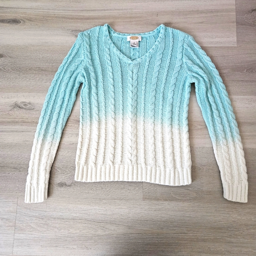 Talbots Sweater | Cable Knit V-Neck Sweater Cotton Blue & White Ombre Classic